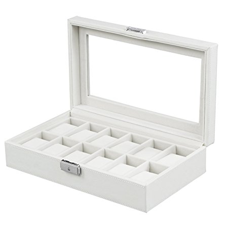 SONGMICS 12 Mens Watch Box Glass Top White Display Case Faux Leather Organizer UJWB202