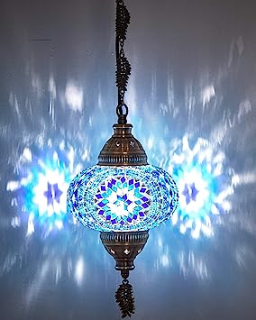 CopperBull Turkish Moroccan Tiffany Style Handmade Mosaic Hanging Ceiling Lamp Pendant Light Fixture with Metal Leaf Chains (3)