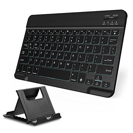 Bluetooth Keyboard, Vive Comb 7-Colors Backlit Universe Compact Portable Wireless 3.0 Keyboard for iOS, Android, Windows with a Foldable Multi-angle Cell Phone Stand Desktop Holder, Black