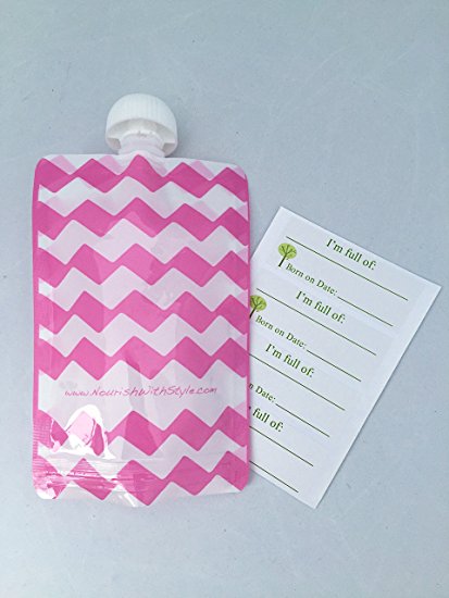 Reusable Baby Food Pouch - 10 Pack Pink Chevron & 20 Dissolvable Labels - by Nourish with Style