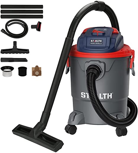 Stealth ECV05P1 Wet Dry Vacuum Cleaner, Shop Vacuum with Blower, 5 Gallon 5.5 Peak HP, Portable Shop Vacuum with Attachments