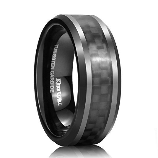 King Will Mens Tungsten Carbide Ring 8mm Black Carbon Fiber Inlay Polish Edges Comfort Fit