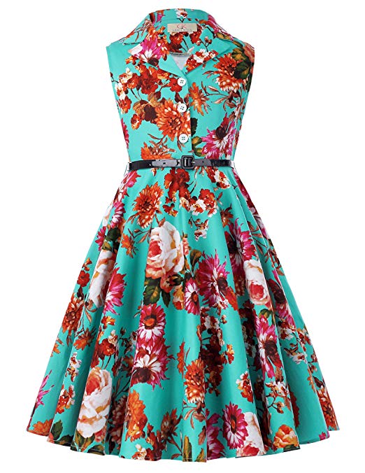 GRACE KARIN Girls Retro Sleeveless Floral Print Swing Dresses with Belt