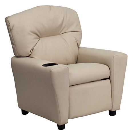 Contemporary Beige Vinyl Kids Recliner with Cup Holder