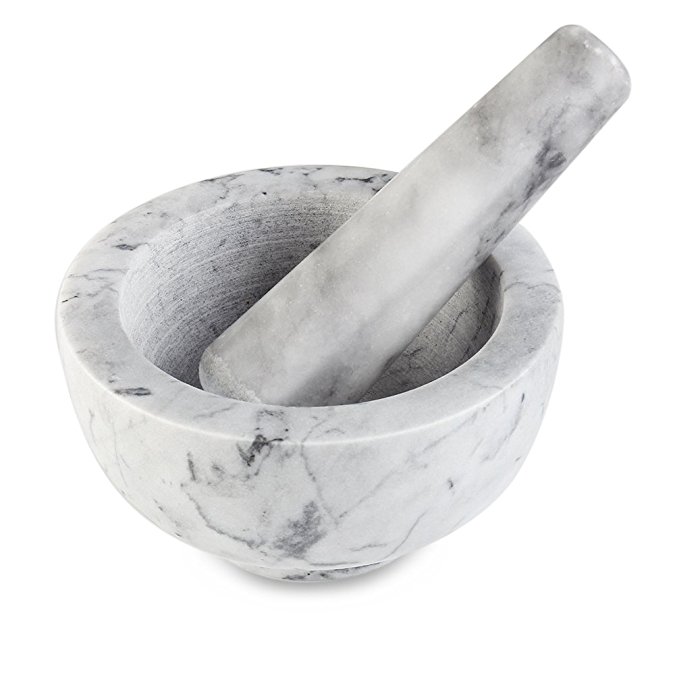 Flexzion Marble Mortar and Pestle Set - Solid Marble Stone Grinder Bowl Holder 4.7 Inch For Guacamole, Herbs, Spices, Garlic, Kitchen, Cooking, Medicine