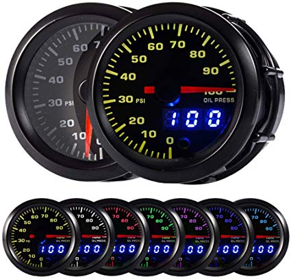 HOTSYSTEM 7 Color Oil Pressure Gauge Kit 0 to 100 PSI Pointer & LED Digital Readouts 2-1/16" 52mm Black Dial for Car Truck