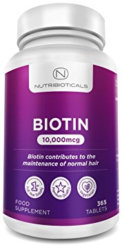 Biotin Hair Growth Supplement 365 Tablets (Full Year Supply) Biotin 10,000mcg by Nutribioticals