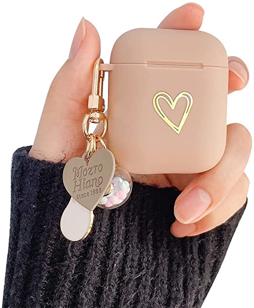 Ownest Compatible with AirPods Case Soft TPU with Gold Heart Pattern Cute Lucky Ball Keychain Shockproof Cover Case for Girls Woman Airpods 2 &1-Brown