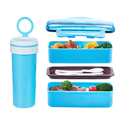 2 Layers Kids Lunch Box Set Double Stackable Bento Boxes Plastic Food Prep Containers Microwave BPA-Free with 1 Water Bottle Value Pack (Blue)