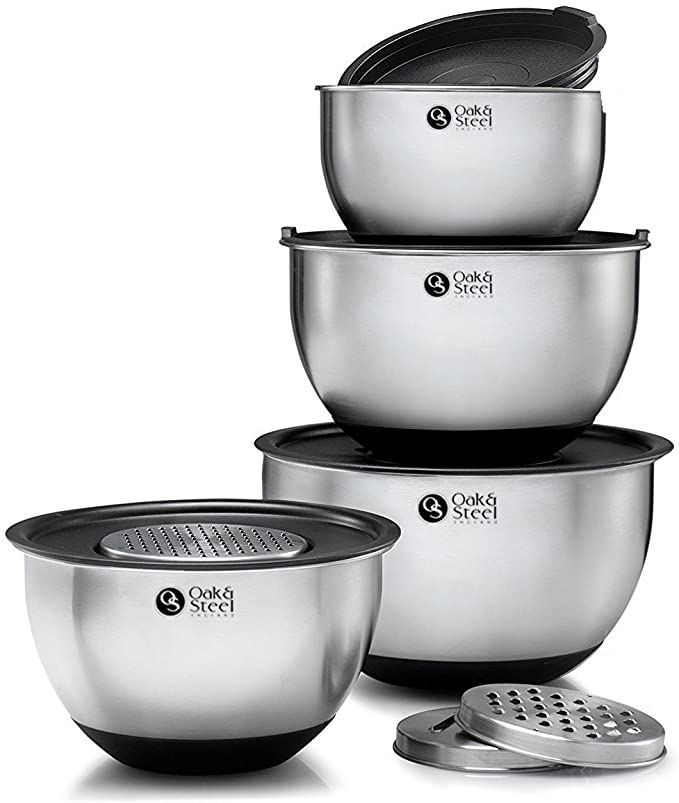 11 Piece Premium Stainless Steel Mixing Bowl Set - 4 Nesting Bowls with Rubber Grip Base (4.5L, 3.5L, 2.5L, 2L), 4 Airtight Lids & 3 Adjustable Grating Attachments - Stackable for Easy Storage