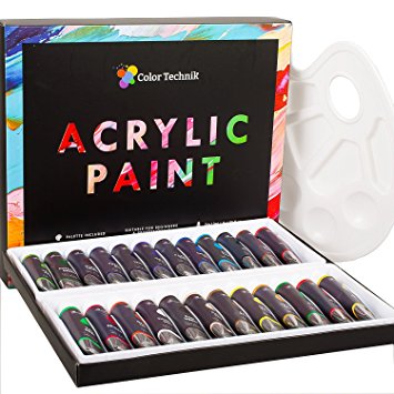 Acrylic Paint Set By Color Technik, Professional Artist Quality, Palette Included, 24 Aluminium Tubes, Best Colors For Painting Canvas, Wood, Clay, Fabric, Nail Art and Ceramic, Rich Pigments, Gift Me