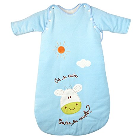 Baby Toddler Animal Cow Thick Padded Fleece Sleeping Bag Sack with Removable Long Sleeve Blue 6-24M