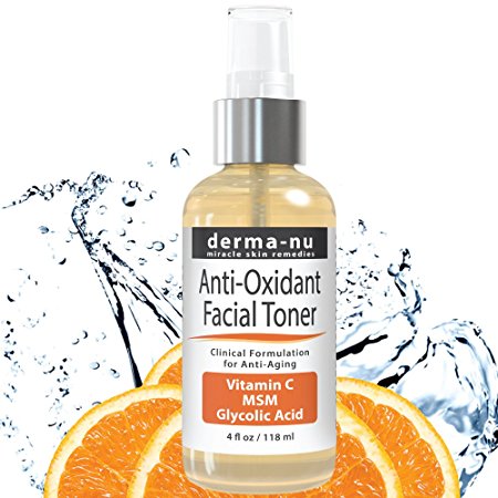 Skin Toner - Anti Oxidant Facial Toning Spray By Derma-nu - Enriched with MSM, Vitamin C, Glycolic Acid and Witch Hazel - 4oz