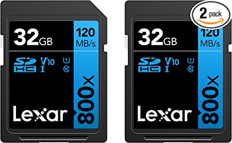 Lexar High-Performance 800x 32GB (2-Pack) SDXC UHS-I Cards, Up to 120MB/s Read, for Point-and-Shoot Cameras, Mid-Range DSLR, HD Camcorder (LSD0800032G-B2NNU)