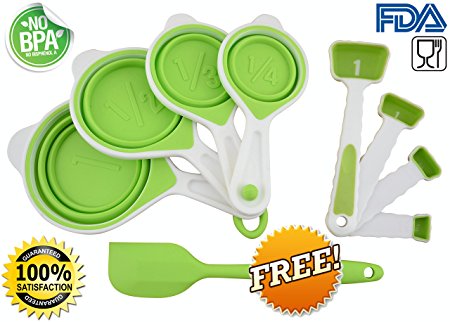 Küche Kitchen Non-Toxic and BPA Free Baking Silicone Measuring Cups and Spoons Utensil Set with Mixing Spatula, Green/White