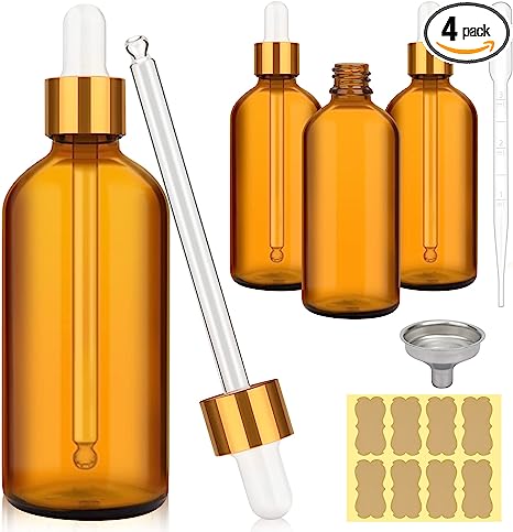 ComSaf Glass Dropper Bottles Amber 4oz Pack of 4 with 1 Stainless Steel Funnels & 1 Measured Pipette, 100ml Glass Tincture Bottles with Eye Droppers for Essential Oils, Chemistry Lab Chemicals