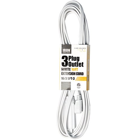 10 Ft Extension Cord with 3 Electrical Power Outlet - 16/3 Heavy Duty White Cable