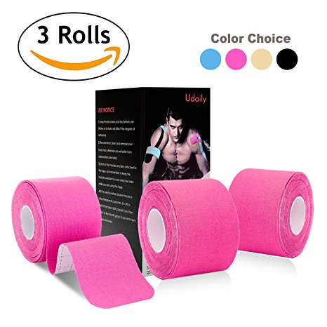 Kinesiology Tape Precut (3 Rolls pack), Udaily Elastic Therapeutic Sports Tape For Knee Shoulder and Elbow, Breathable, Water Resistant, Latex free, 2" x 16.5 feet Per Roll, 20 Precut 10 Inch Strips