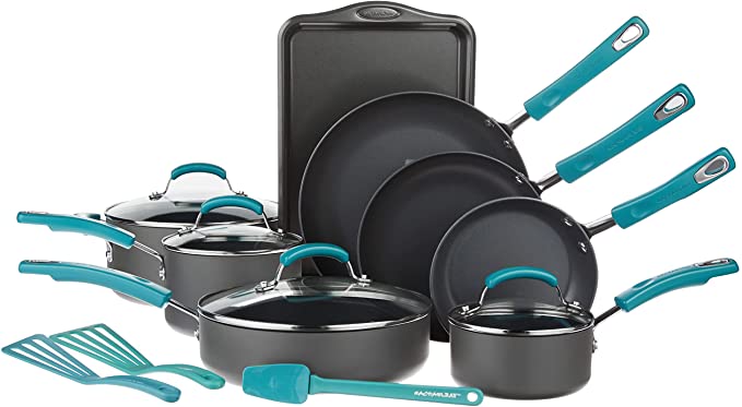 Rachael Ray Classic Brights Hard Anodized Nonstick Cookware Pots and Pans Set, 15 Piece - Agave Blue