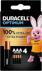 Duracell Optimum Piles AAA (lot de 4) - Piles Alcalines 1,5V - Jusqu’à 100% plus longtemps ou plus puissant - Alimentez vos appareils énergivores - Recyclable, 0% plastique - LR03 MX2400