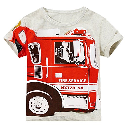 LuckyRabbit Little Boys' Short Sleeve Fire Truck T Shirts Cotton Tops Grey 18M-6T