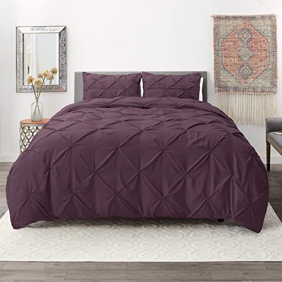 Nestl Bedding 3 Piece Pinch Pleat Duvet Cover Set | Purple Duvet Cover with 2 Pillow Shams |Microfiber King Duvet Cover Set