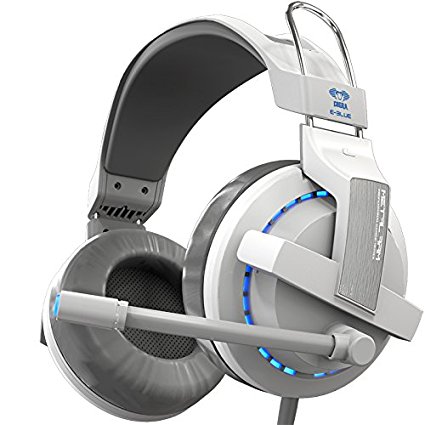 Wired Gaming Headphone for PC/Mac/PS4/Xbox with Microphone,Horsky E-Blue USB Surround Stereo Over Ear Headset for Computer Gamer Volume Control Noise Cancelling Earphone 3.5mm Jack LED Light White