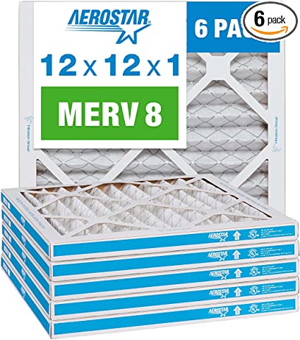 Aerostar 12x12x1 MERV 8 Pleated Air Filter, AC Furnace Air Filter, 6 Pack (Actual Size: 11 3/4"x11 3/4"x3/4")