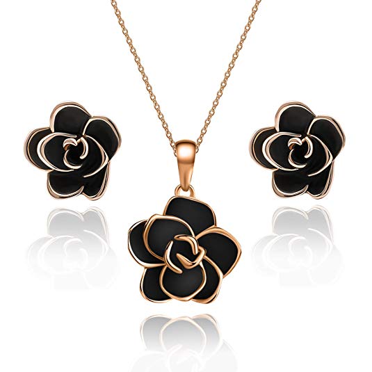 EVEVIC Rose Flower Necklace Earrings Set for Women Girls 18K Gold Plated Jewelry Sets