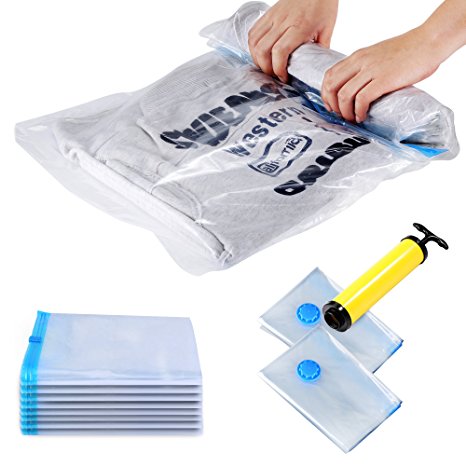 10 Pack IPOW 8 Roll-Up 2 Compression Space Saver Storage Bags for Clothes Double Zippered Vacuum Bags for Travel & Closet,With Hand Pump