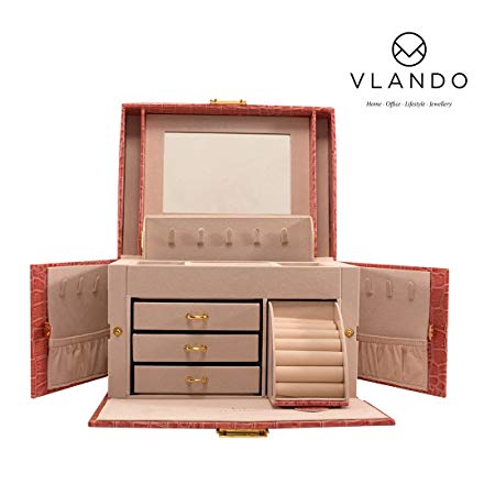 Vlando City Beauty Medium Lockable Jewelry Box, Faux Leather Jewelry Organizer - Pink