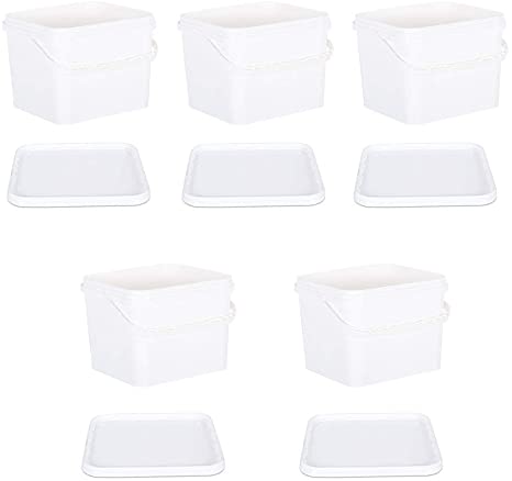 Oipps Pack of 5 x 10 Litre Square Plastic Buckets White Plastic with Lids and Handles