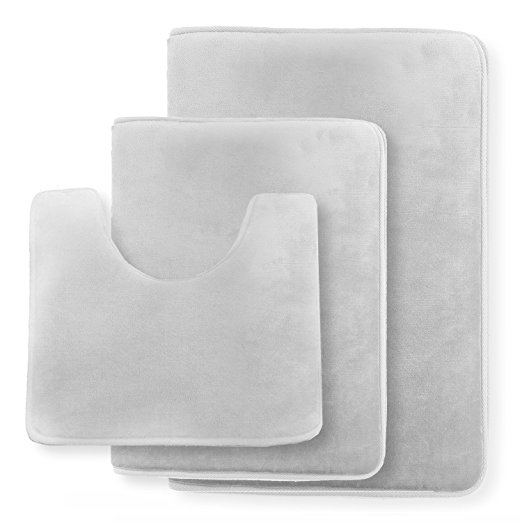 Clara Clark Non Slip Memory Foam Tub-Shower Bath Rug Set, Includes 1 Small Size 17 x 24 in. 1 Large Size 20 X 32 in. 1 Contour Rug 24 x 19 In. - Silver