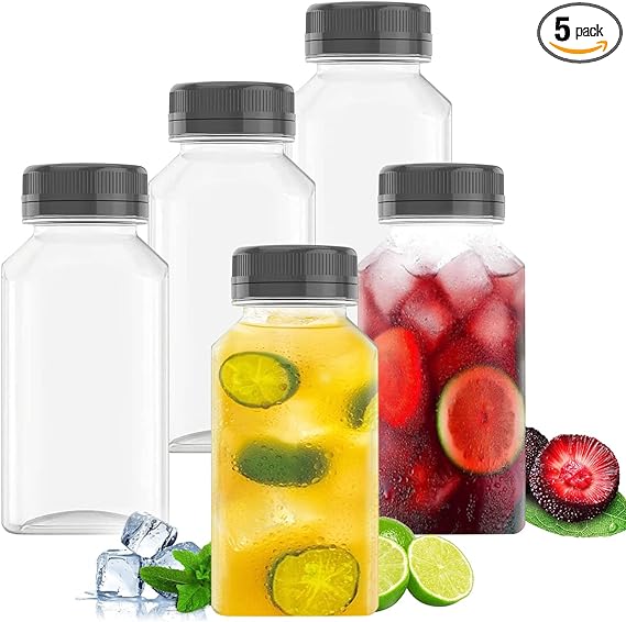 Goiio 5 Pcs 6 Ounce Plastic Juice Bottles, Clear Bulk Beverage Containers, for Smoothies, Juice Milk and Homemade Beverages