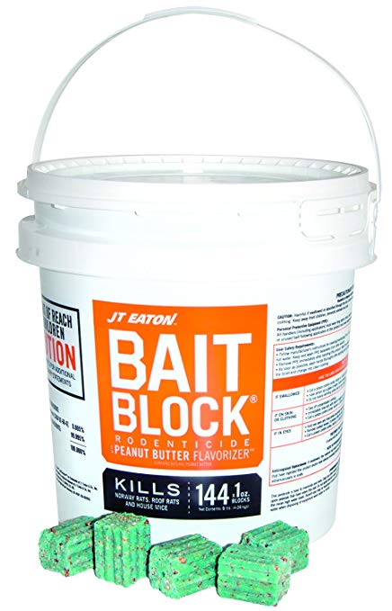 JT Eaton 166004 709-PN Bait Block Rodenticide Anticoagulant Bait, Peanut Butter Flavor, for Mice and Rats (9 lb Pail of 144)
