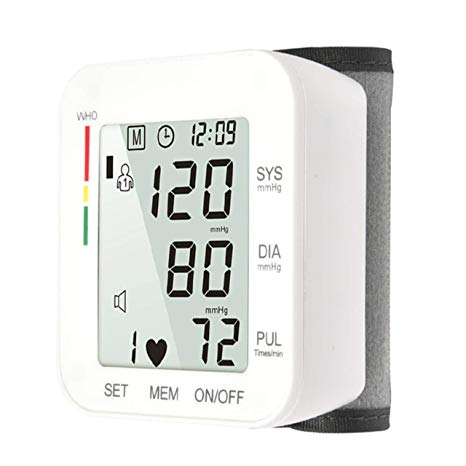 Automatic Wrist Blood Pressure Monitor Voice Broadcast High Blood Pressure Monitors Portable LCD Screen Irregular Heartbeat Monitor with Adjustable Cuff and Storage Case Powered by Battery -White