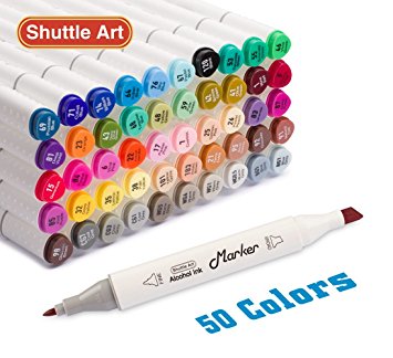 Shuttle Art 50 Colors Dual Tip Art Markers,Permanent Alcohol Marker Pens Highlighters with Case Perfect for Illustration Adult Coloring Sketching and Card Making