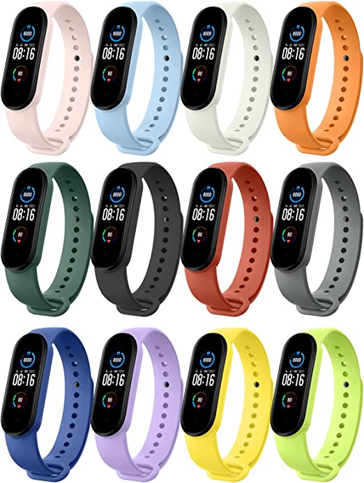 MoKo Watch Band Compatible with Xiaomi Mi Band 7/Mi Band 6/Mi Band 5/Amazfit Band 5 Fitness Tracker, 12 Colors Set Soft Silicone Replacement Strap Adjustable Sport Wristband for Men Women