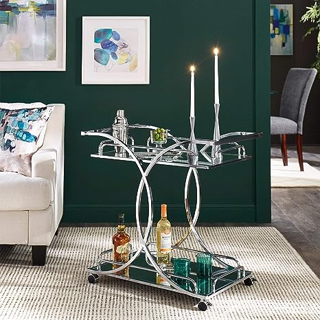 Rosewood Chrome Bar Cart with Curving Metal Frame by Bold Bohemian Eclectic Glam Glass Finish Includes Hardware