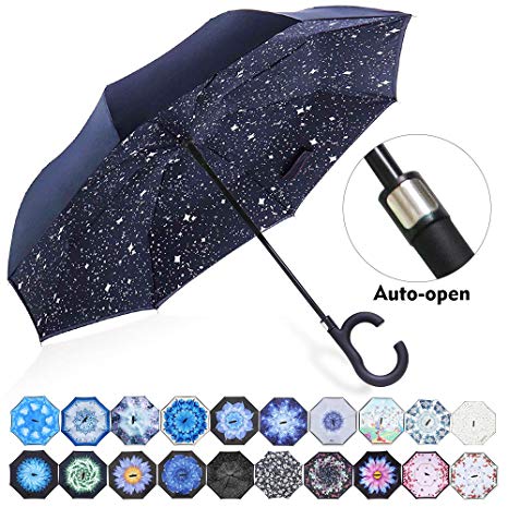 ZOMAKE Auto Open Inverted Umbrella Double Layer Reverse Umbrella, UV Protection Windproof Straight Umbrella Inside Out Umbrella for Car Rain Outdoor with C-Shaped Handle