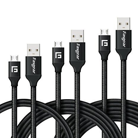 Micro USB Charger, 3 pcs (3.3ft,6ft,10ft) Fasgear Nylon Braided Tangle-Free Fastest charger data cable with Metal Connectors for Android, Samsung galaxy S7/S7 edge, Nexus, Lumia, Sony and more (Black)