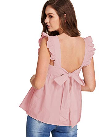 Romwe Women's Bow Tie Backless Ruffle Hem Peplum Babydoll Blouse Top