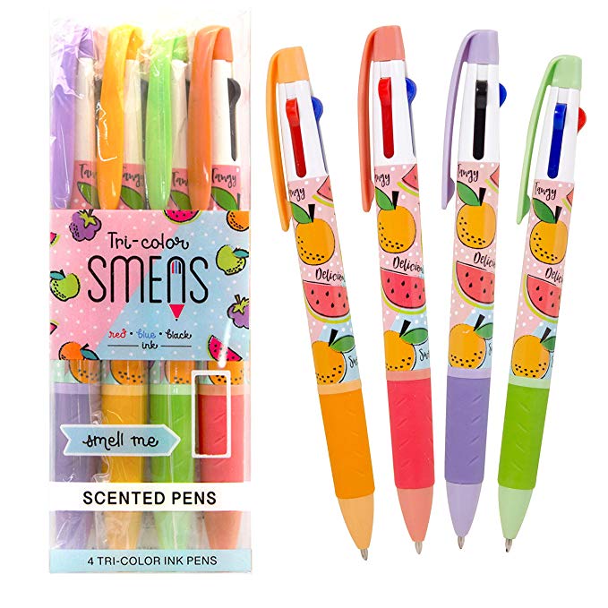 Scentco Tri-Color Smens - Scented Multi Color Pens, Medium Point, Grape, Orange, Watermelon, Apple - 4 Count