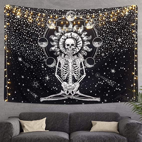 Skull Tapestry Meditation Skeleton Wall Hanging Tapestry, Chakra Starry Tapestry-Black and White Stars, Mural for Bedroom, Living Room, Dorm, Home Decoration (59.1" x 59.1")