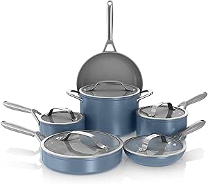 Ninja NeverStick Ceramic Pro 11-Piece Cookware Set, Non-Stick Pots and Pans, Glass Lids, Ceramic Coated, Stainless Steel, Stove to Oven Safe, All Stovetops, Induction Compatible, Blue, CW39011BM