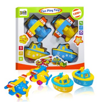 Best Toddler Toys for Boys & Girls Age 2 Year Old and up - Boat and Airplane Toys - Popular Gifts Play Set of 4 Toy Vehicles for Kids from 3 Bees & Me