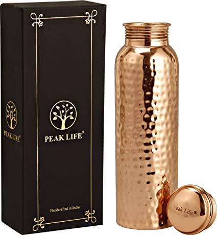 Peak Life Premium Quality Pure Copper Water Bottle | Hammered Leak Proof Design | Ayurvedic Natural Wellness, Sports, Yoga, Fitness, Daily Use - 32 Oz (950ml)