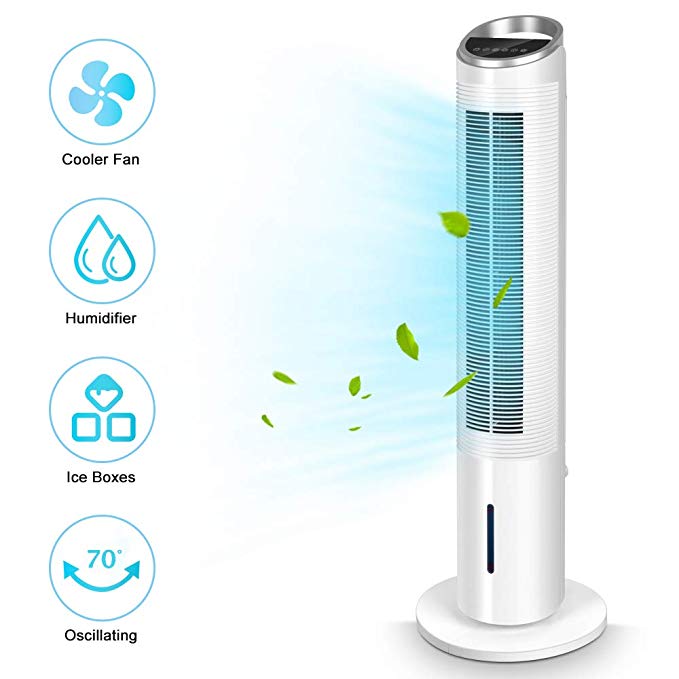 Evaporative Cooler - 40'' Portable Oscillating Fan Air Cooler with Tower Fan & Humidifier, 3-Speed Setting, 3-Wind Type, Remote Control, 70°Oscillating, 8 Hour Timer, LCD Control Panel, Super Quiet