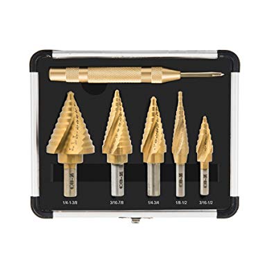 CO-Z HSS 5PCS Titanium Spiral Grooved Step Drill Bit Set with Automatic Center Punch, Unibit Drill Bits Set for Sheet Metal with Aluminum Case, Multiple Hole Stepped up Bits for DIY Lovers