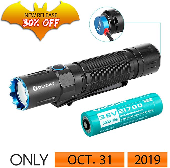 OLIGHT M2R Pro Warrior 1800 Lumens USB Magnetic Rechargeable Dual Switches Tactical Flashlight with 300 Meters Throw, Powered by 5000mAh 21700 Battery